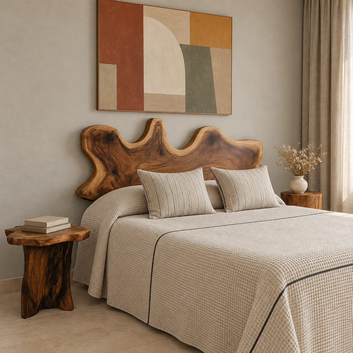 Scandinavian Wooden Bed Frame With Scalloped Live Edge Headboard For Bedroom