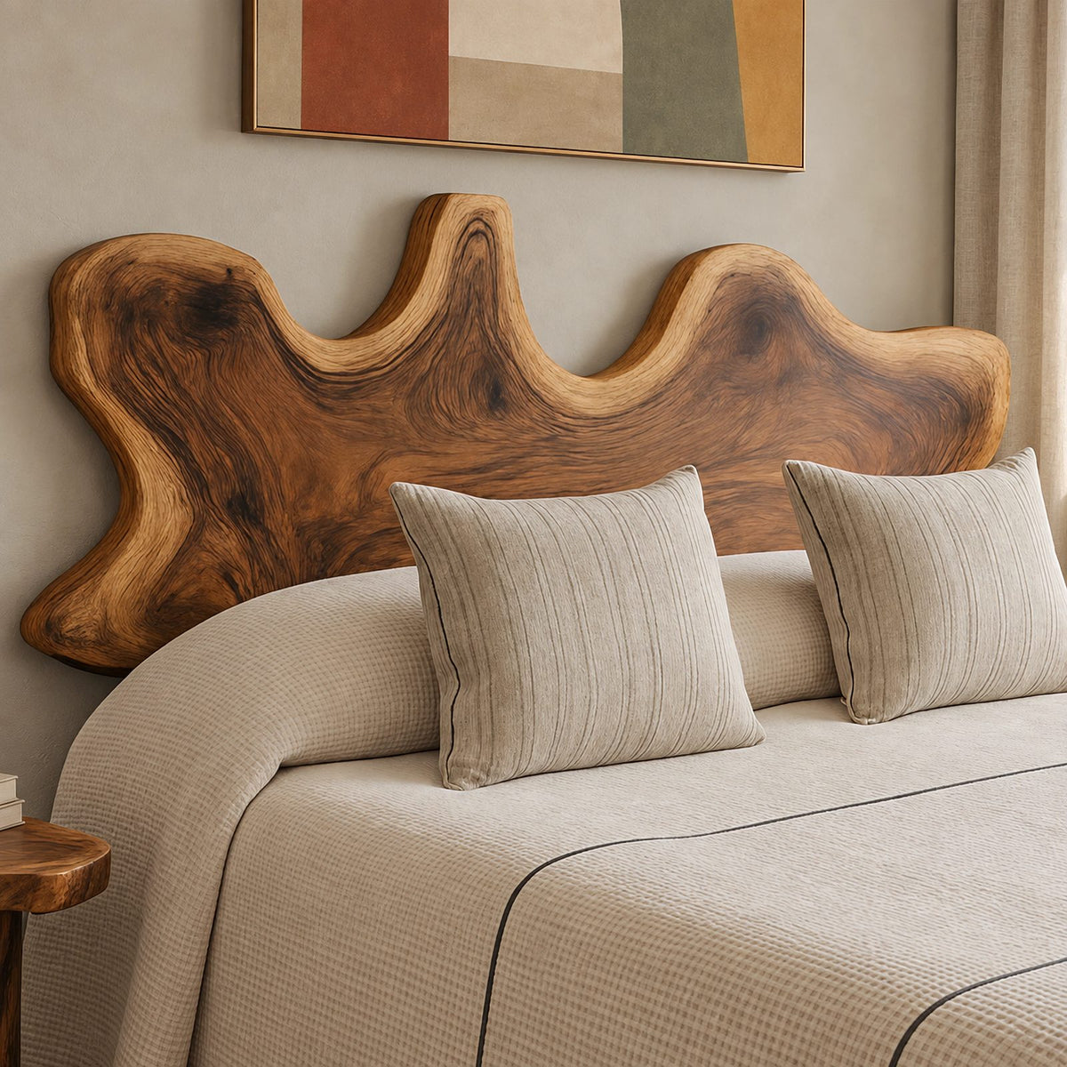 Scandinavian Wooden Bed Frame With Scalloped Live Edge Headboard For Bedroom