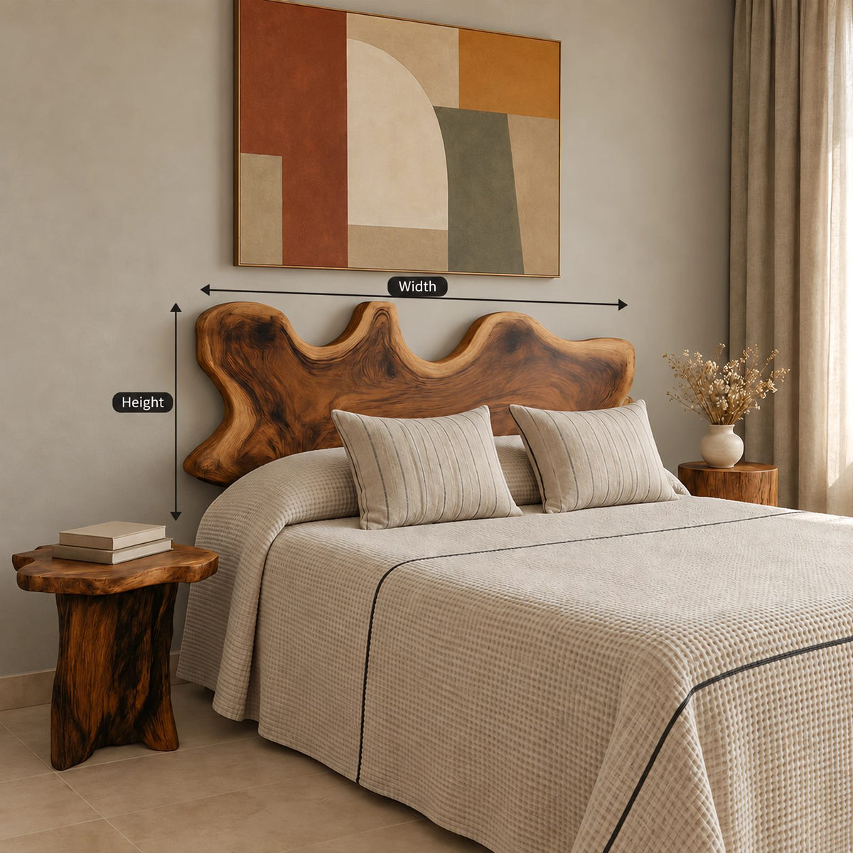 Scandinavian Wooden Bed Frame With Scalloped Live Edge Headboard For Bedroom