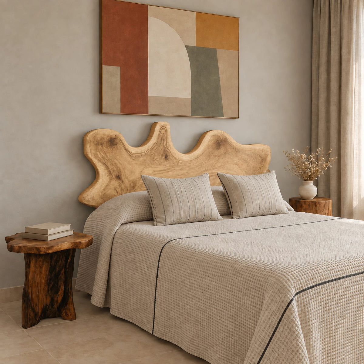 Scandinavian Wooden Bed Frame With Scalloped Live Edge Headboard For Bedroom