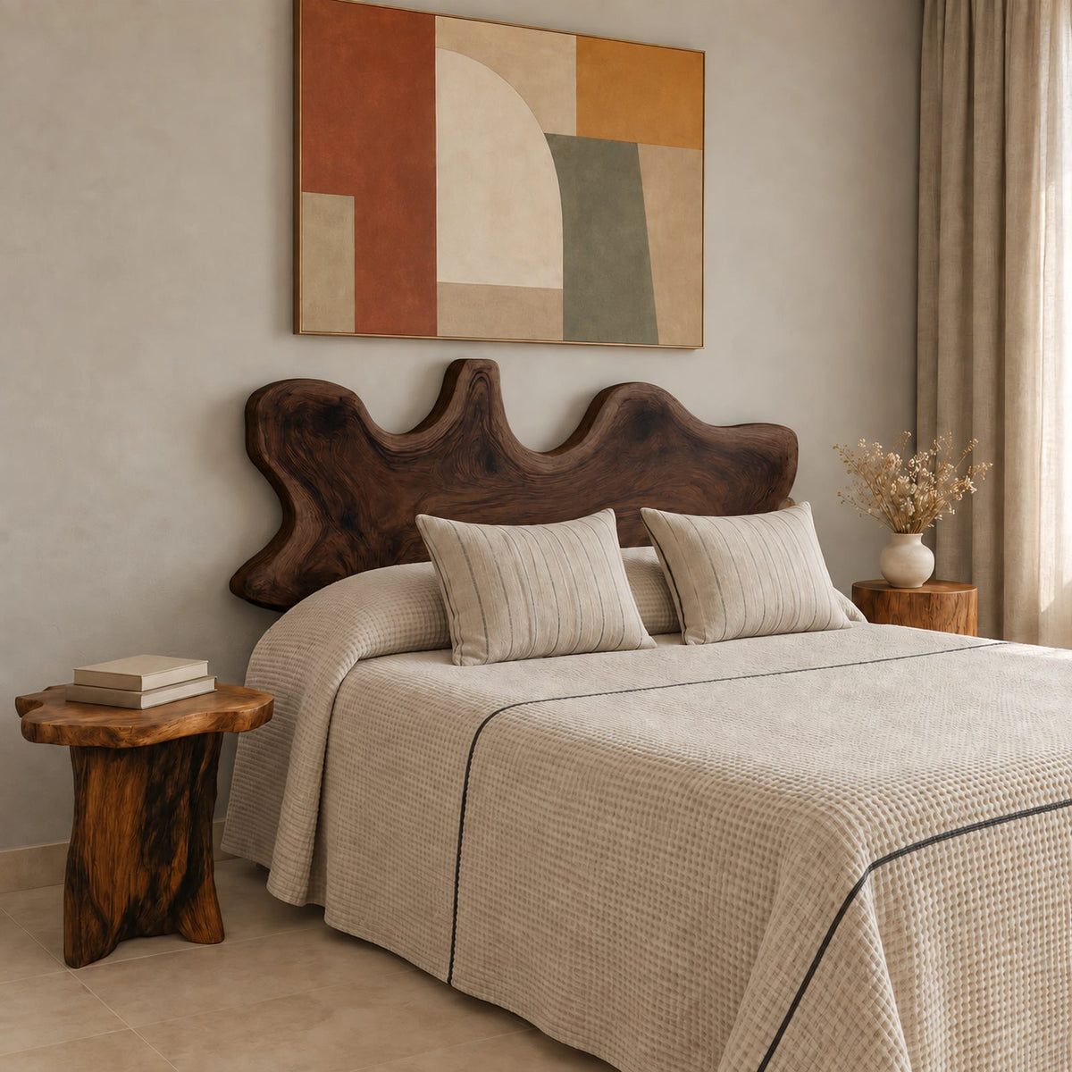 Scandinavian Wooden Bed Frame With Scalloped Live Edge Headboard For Bedroom