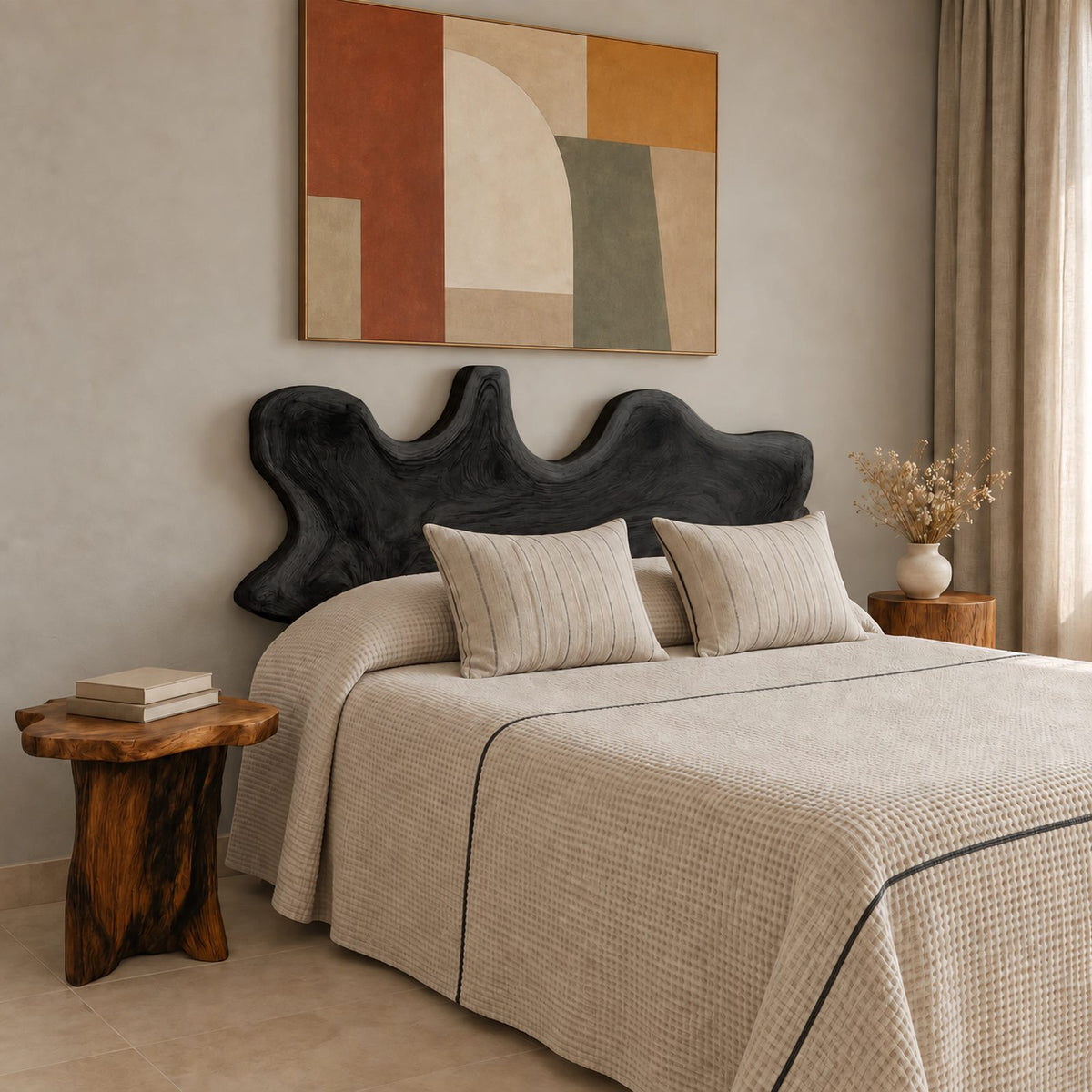 Scandinavian Wooden Bed Frame With Scalloped Live Edge Headboard For Bedroom