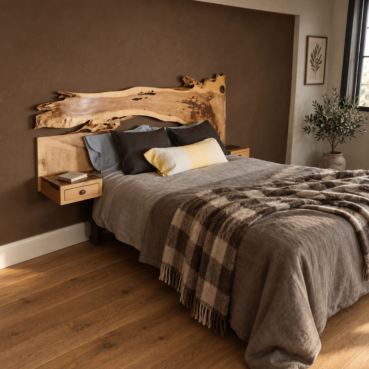 Rustic Live Edge Bed Frame With Floating Bedside Shelves For Bedroom