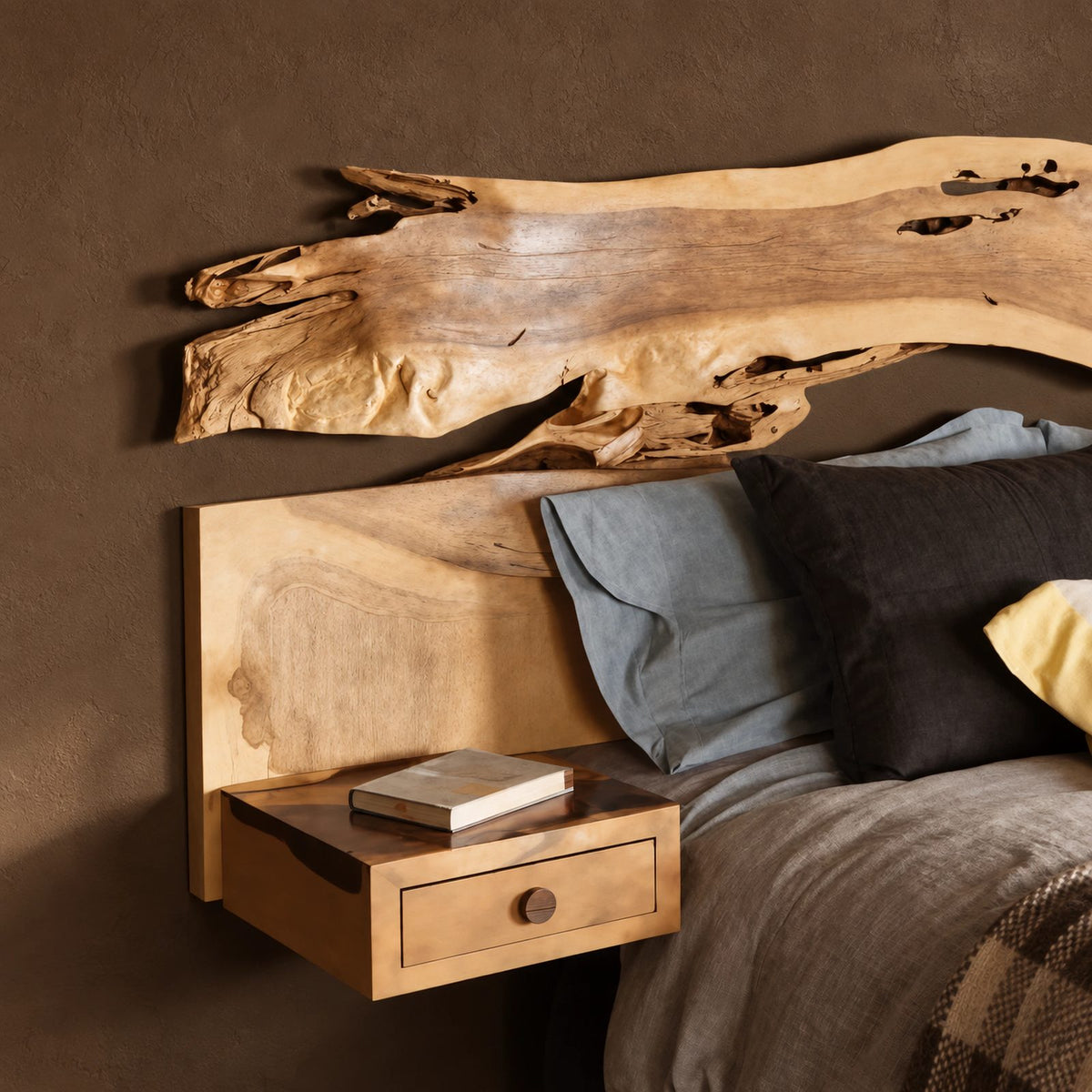 Rustic Live Edge Bed Frame With Floating Bedside Shelves For Bedroom