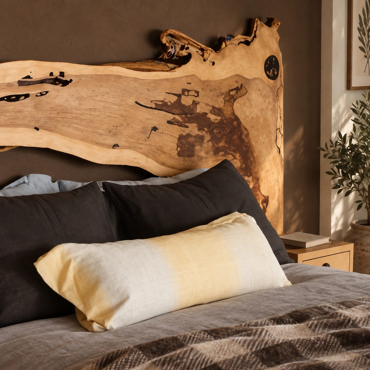 Rustic Live Edge Bed Frame With Floating Bedside Shelves For Bedroom