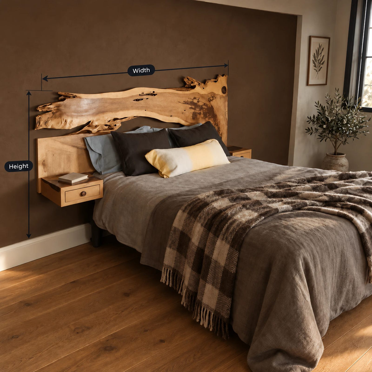 Rustic Live Edge Bed Frame With Floating Bedside Shelves For Bedroom