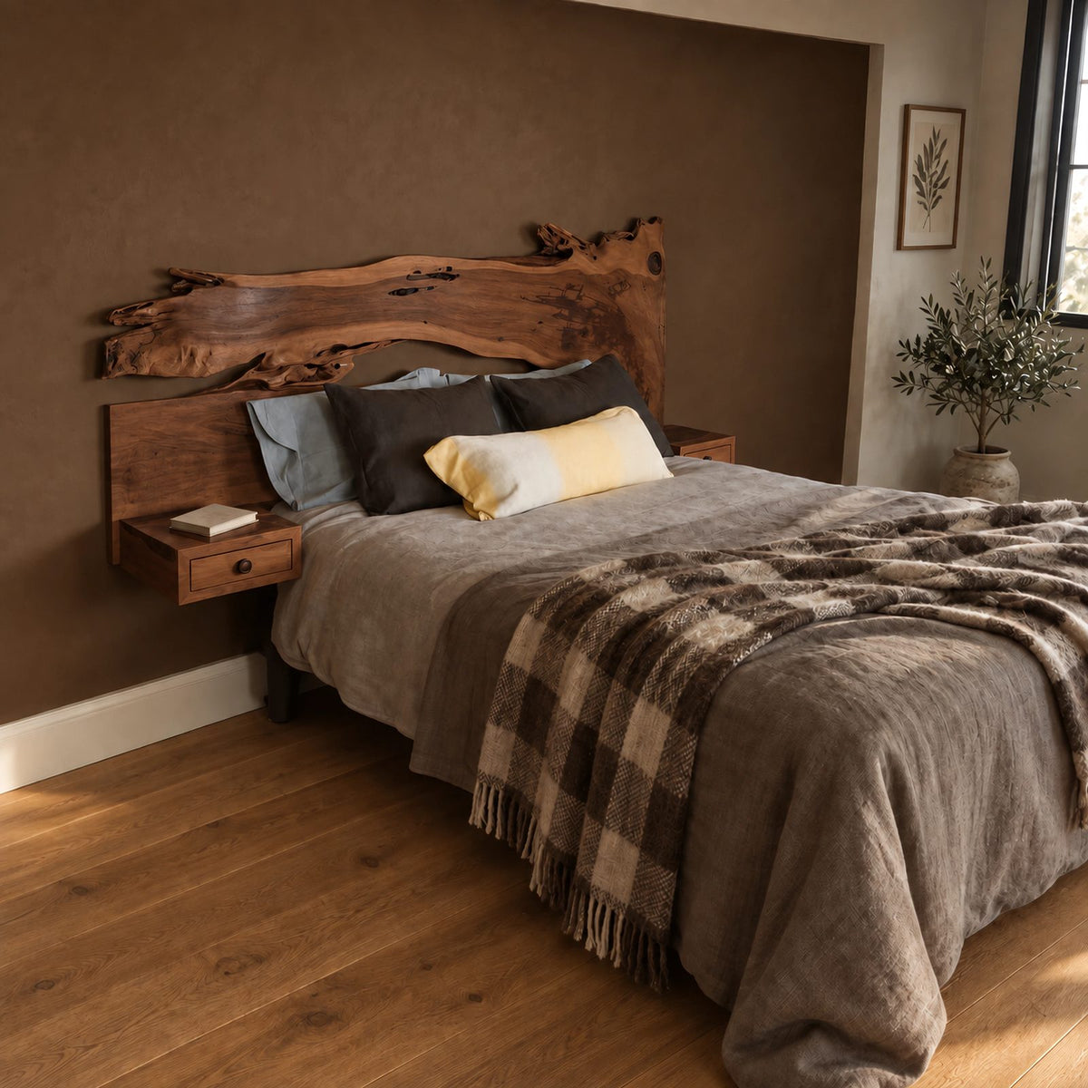 Rustic Live Edge Bed Frame With Floating Bedside Shelves For Bedroom