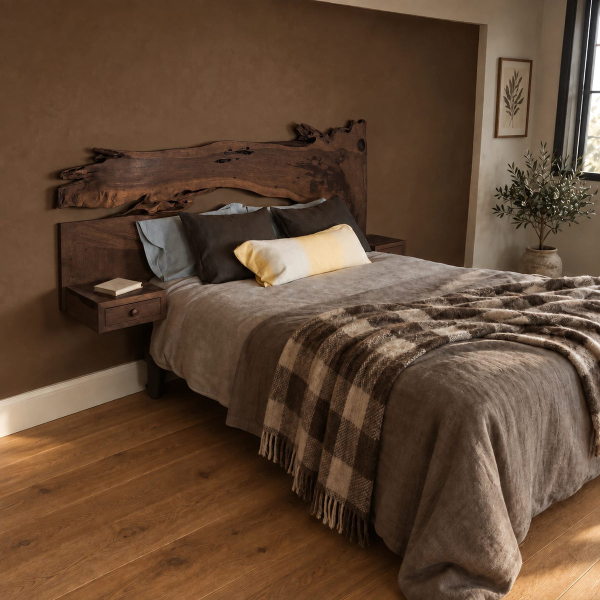 Rustic Live Edge Bed Frame With Floating Bedside Shelves For Bedroom
