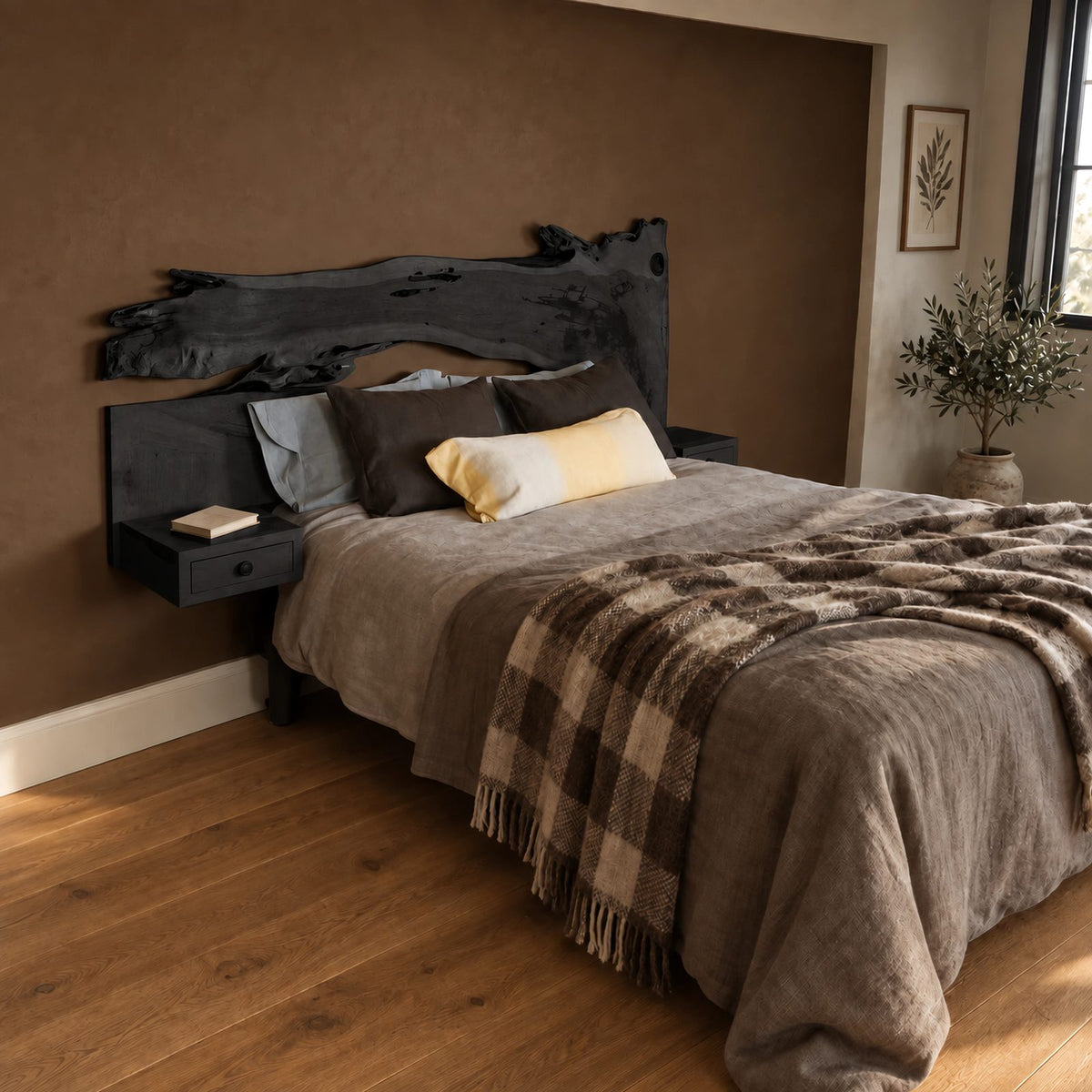 Rustic Live Edge Bed Frame With Floating Bedside Shelves For Bedroom