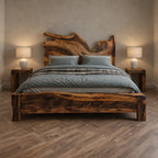 Handcrafted Live Edge Wooden Bed Frame With Sculpted Headboard For Bedroom