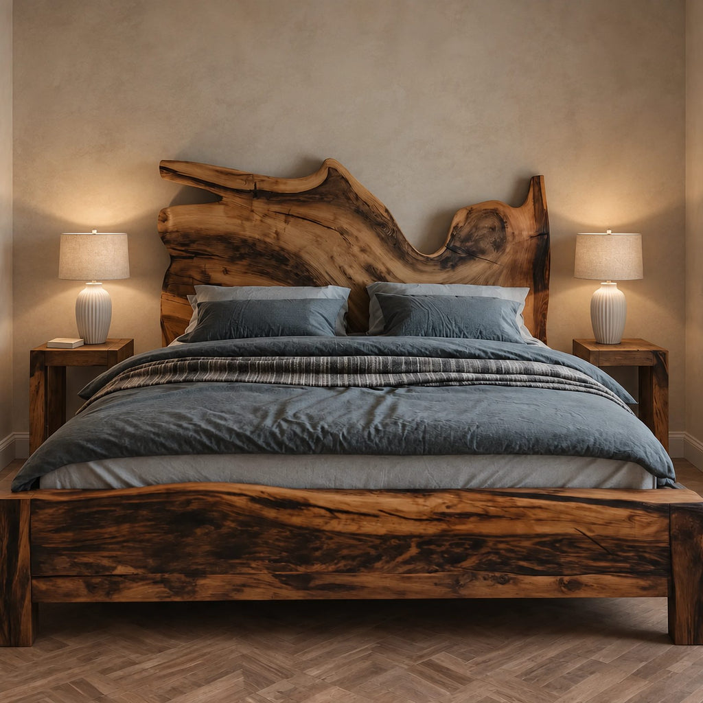 Handcrafted Live Edge Wooden Bed Frame With Sculpted Headboard For Bedroom