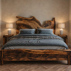 Handcrafted Live Edge Wooden Bed Frame With Sculpted Headboard For Bedroom