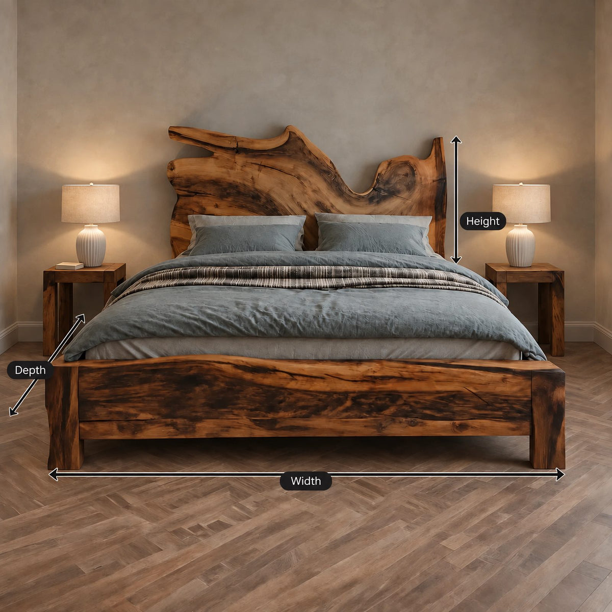 Handcrafted Live Edge Wooden Bed Frame With Sculpted Headboard For Bedroom