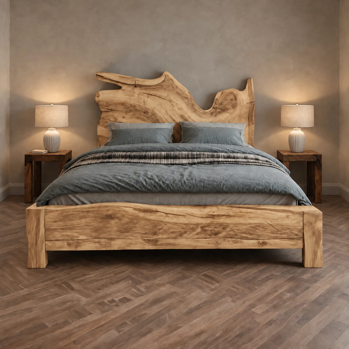 Handcrafted Live Edge Wooden Bed Frame With Sculpted Headboard For Bedroom