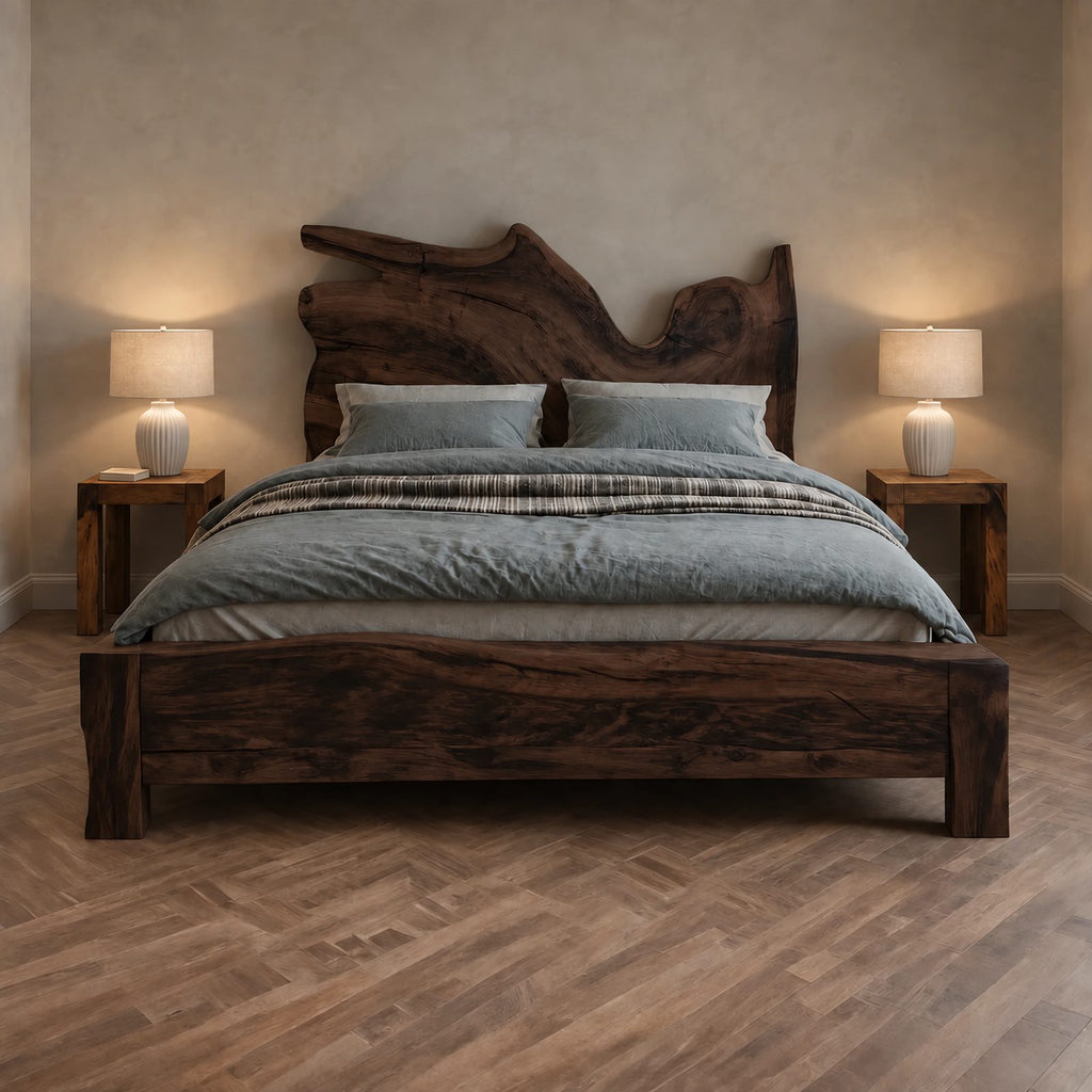 Handcrafted Live Edge Wooden Bed Frame With Sculpted Headboard For Bedroom