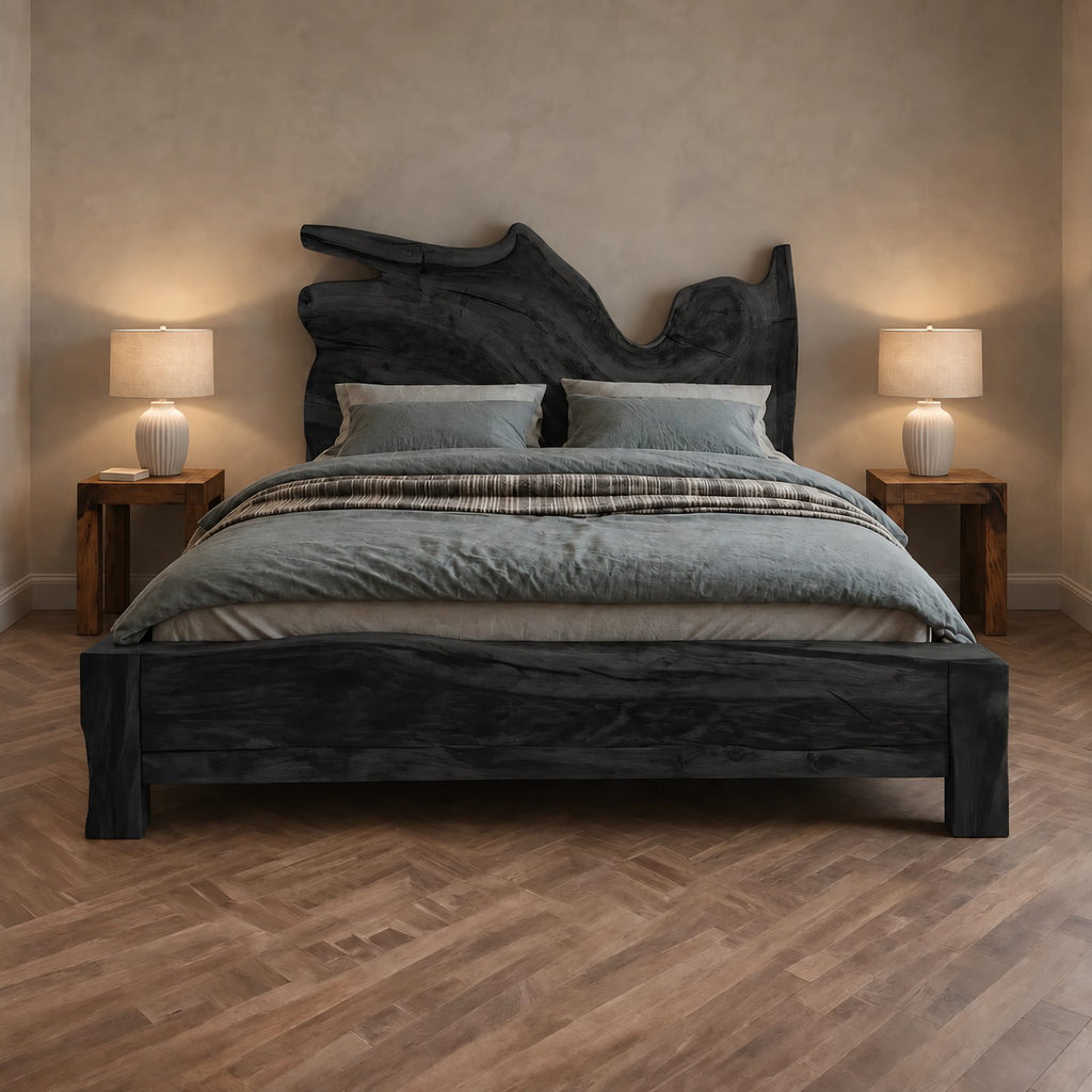 Handcrafted Live Edge Wooden Bed Frame With Sculpted Headboard For Bedroom