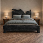 Handcrafted Live Edge Wooden Bed Frame With Sculpted Headboard For Bedroom
