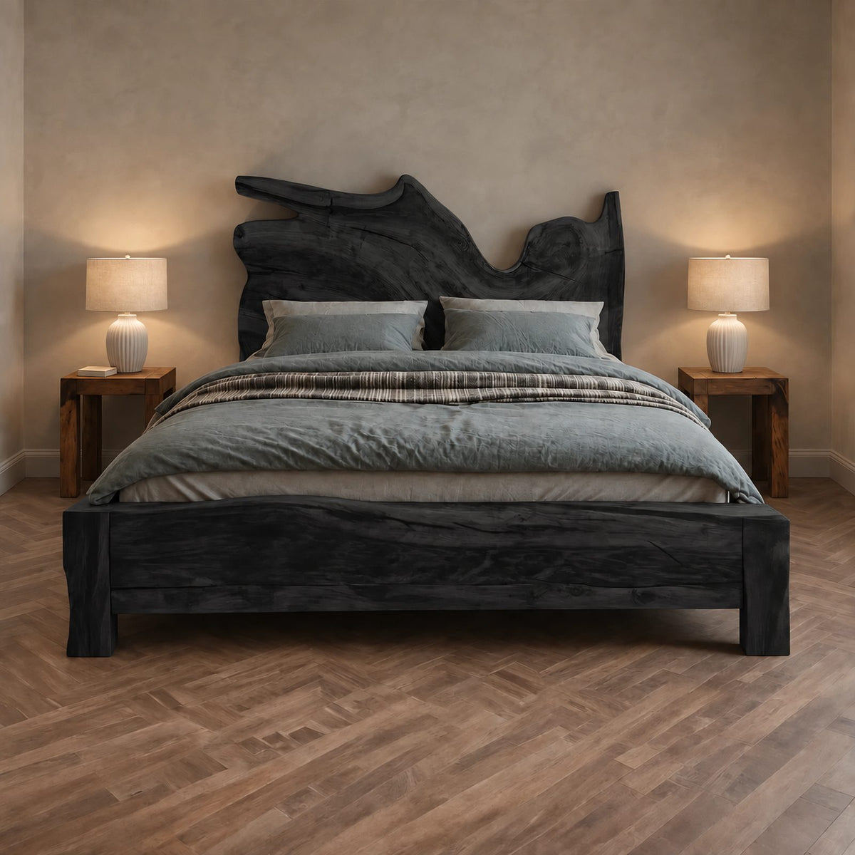 Handcrafted Live Edge Wooden Bed Frame With Sculpted Headboard For Bedroom