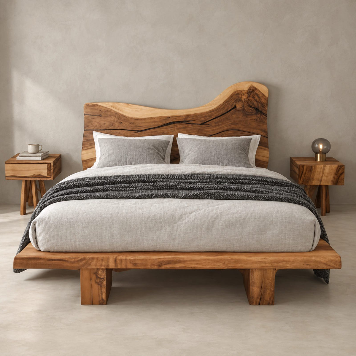 Organic Live Edge Platform Bed With Wavy Slab Headboard For Bedroom