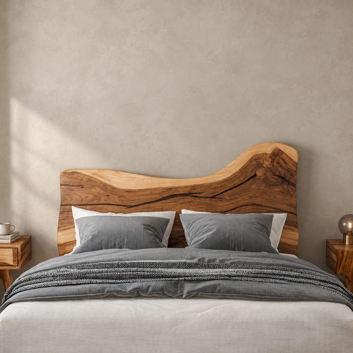 Organic Live Edge Platform Bed With Wavy Slab Headboard For Bedroom