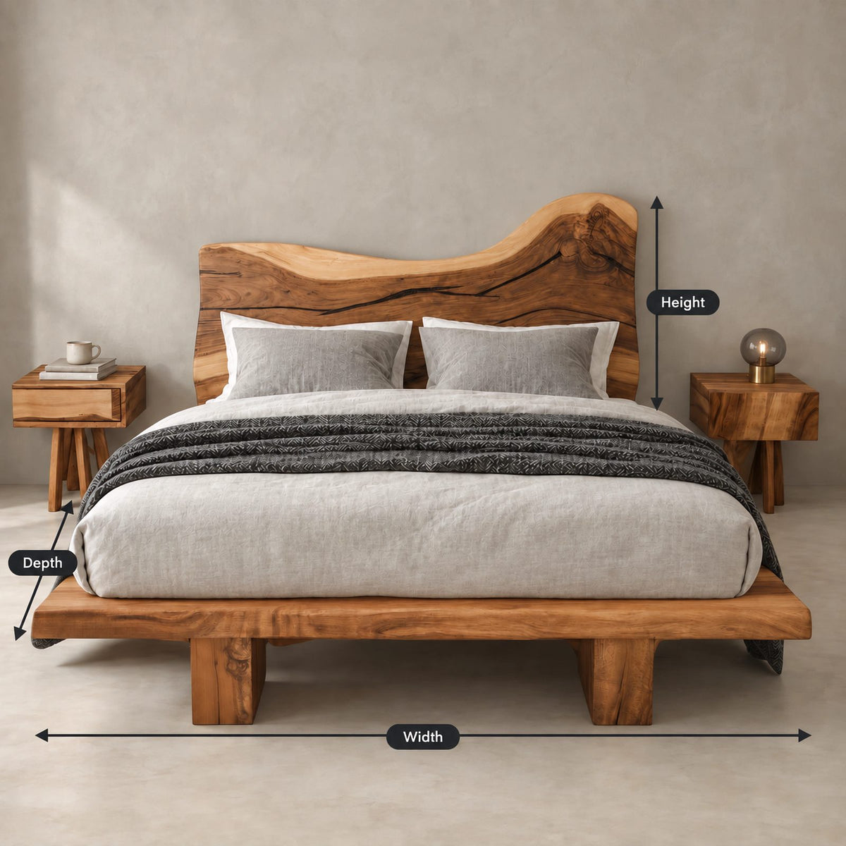 Organic Live Edge Platform Bed With Wavy Slab Headboard For Bedroom