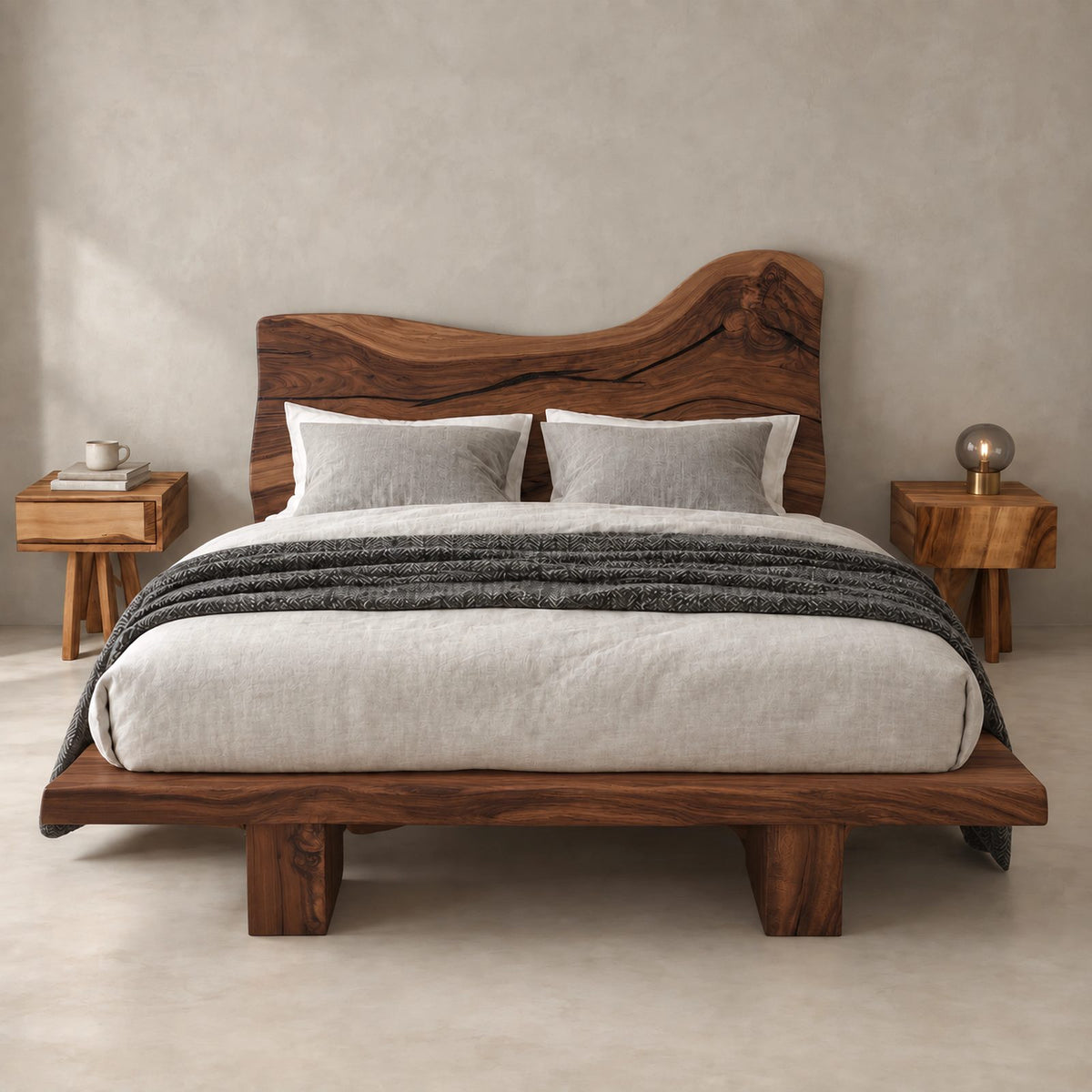 Organic Live Edge Platform Bed With Wavy Slab Headboard For Bedroom