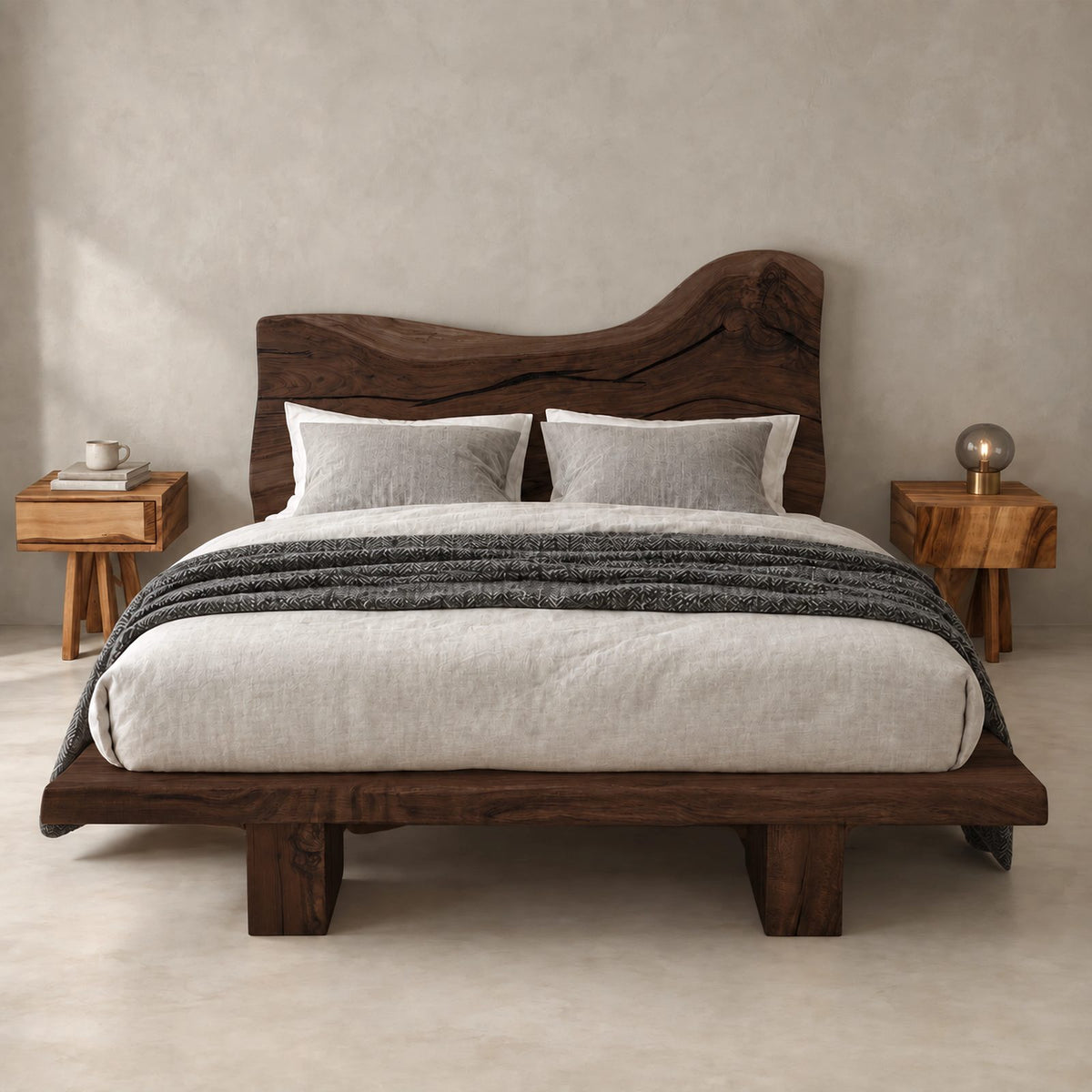 Organic Live Edge Platform Bed With Wavy Slab Headboard For Bedroom