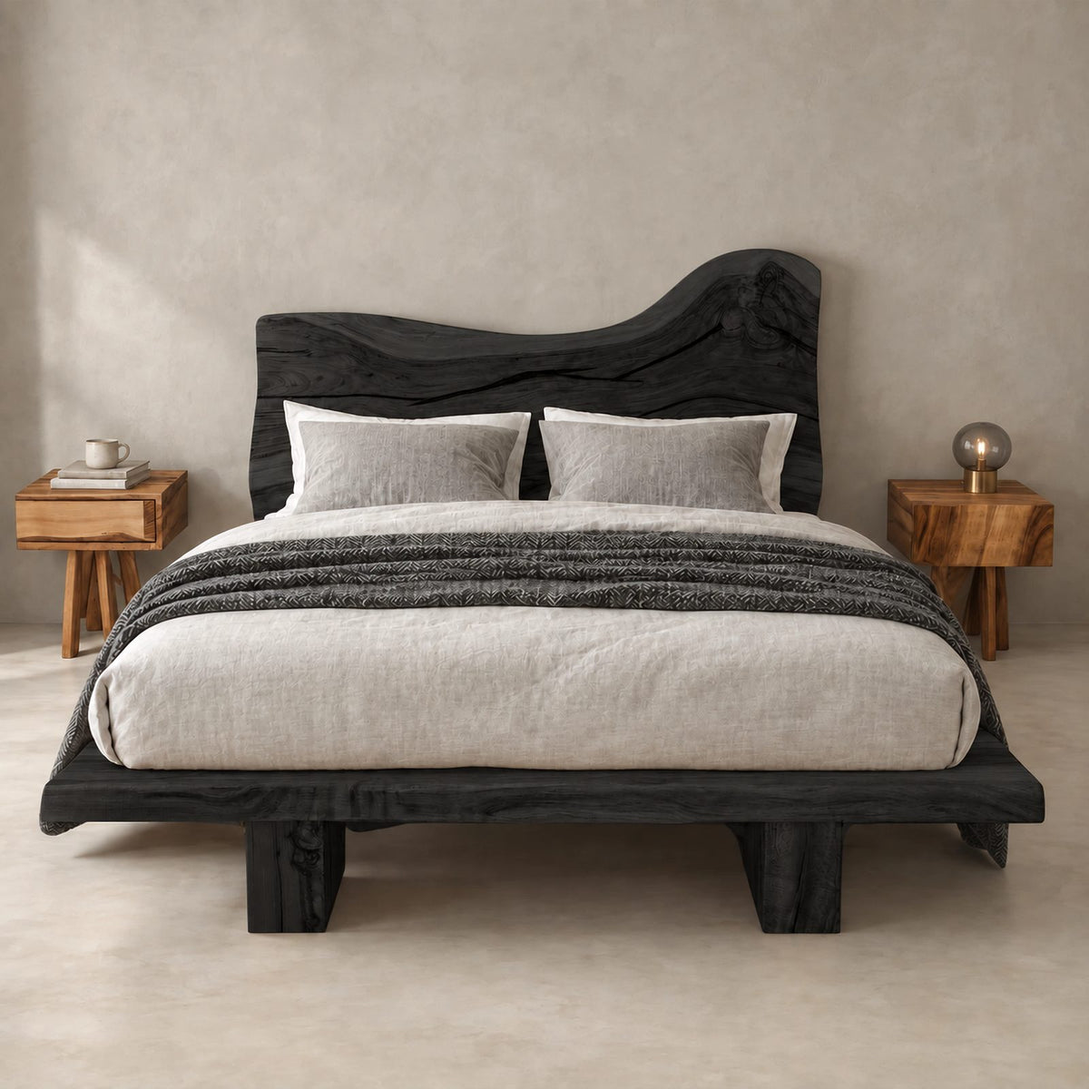 Organic Live Edge Platform Bed With Wavy Slab Headboard For Bedroom