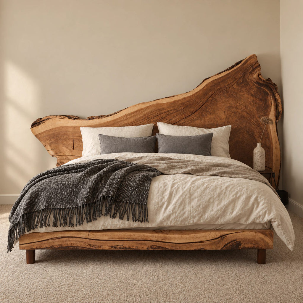 Statement Live Edge Slab Bed Frame With Asymmetric Headboard For Bedroom