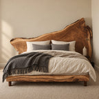 Statement Live Edge Slab Bed Frame With Asymmetric Headboard For Bedroom