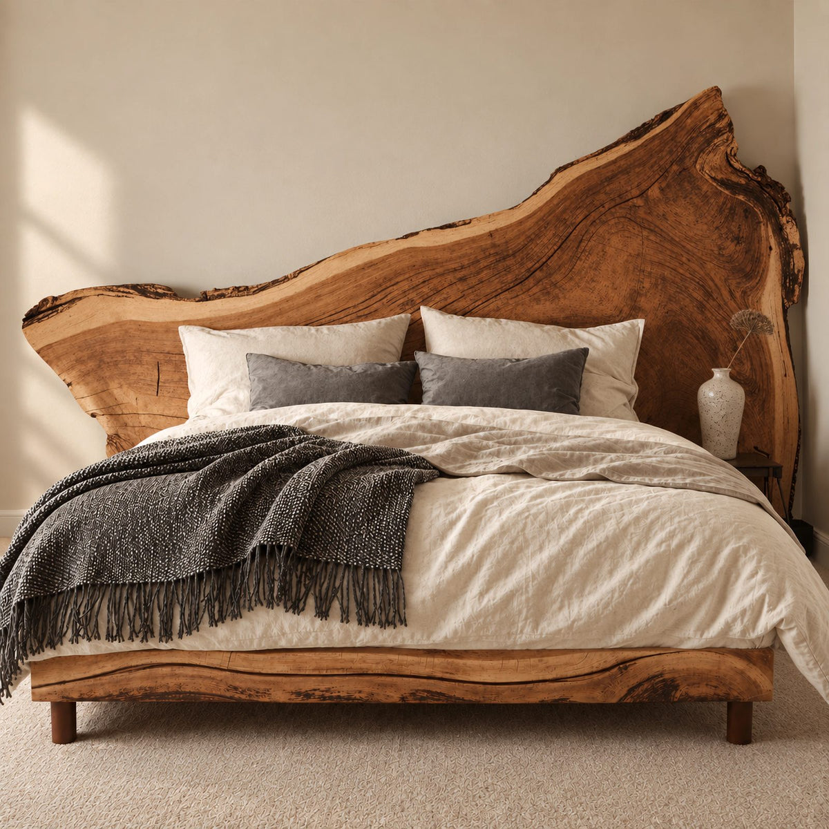 Statement Live Edge Slab Bed Frame With Asymmetric Headboard For Bedroom