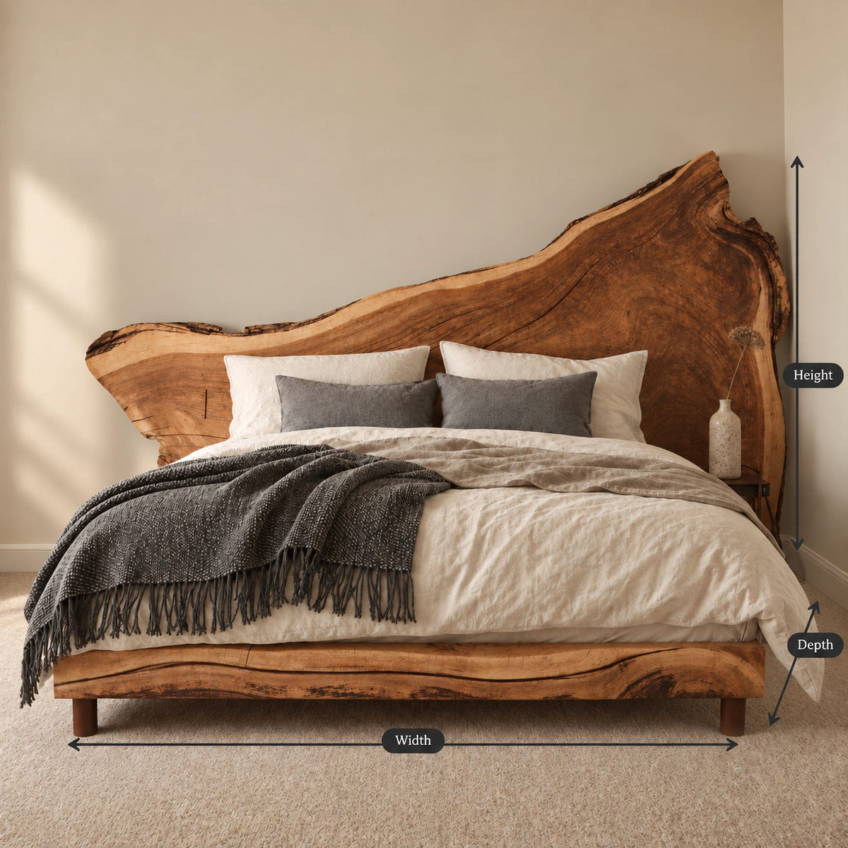 Statement Live Edge Slab Bed Frame With Asymmetric Headboard For Bedroom