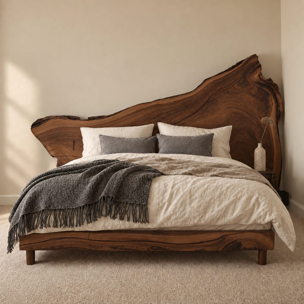 Statement Live Edge Slab Bed Frame With Asymmetric Headboard For Bedroom