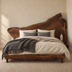 Statement Live Edge Slab Bed Frame With Asymmetric Headboard For Bedroom