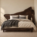 Statement Live Edge Slab Bed Frame With Asymmetric Headboard For Bedroom