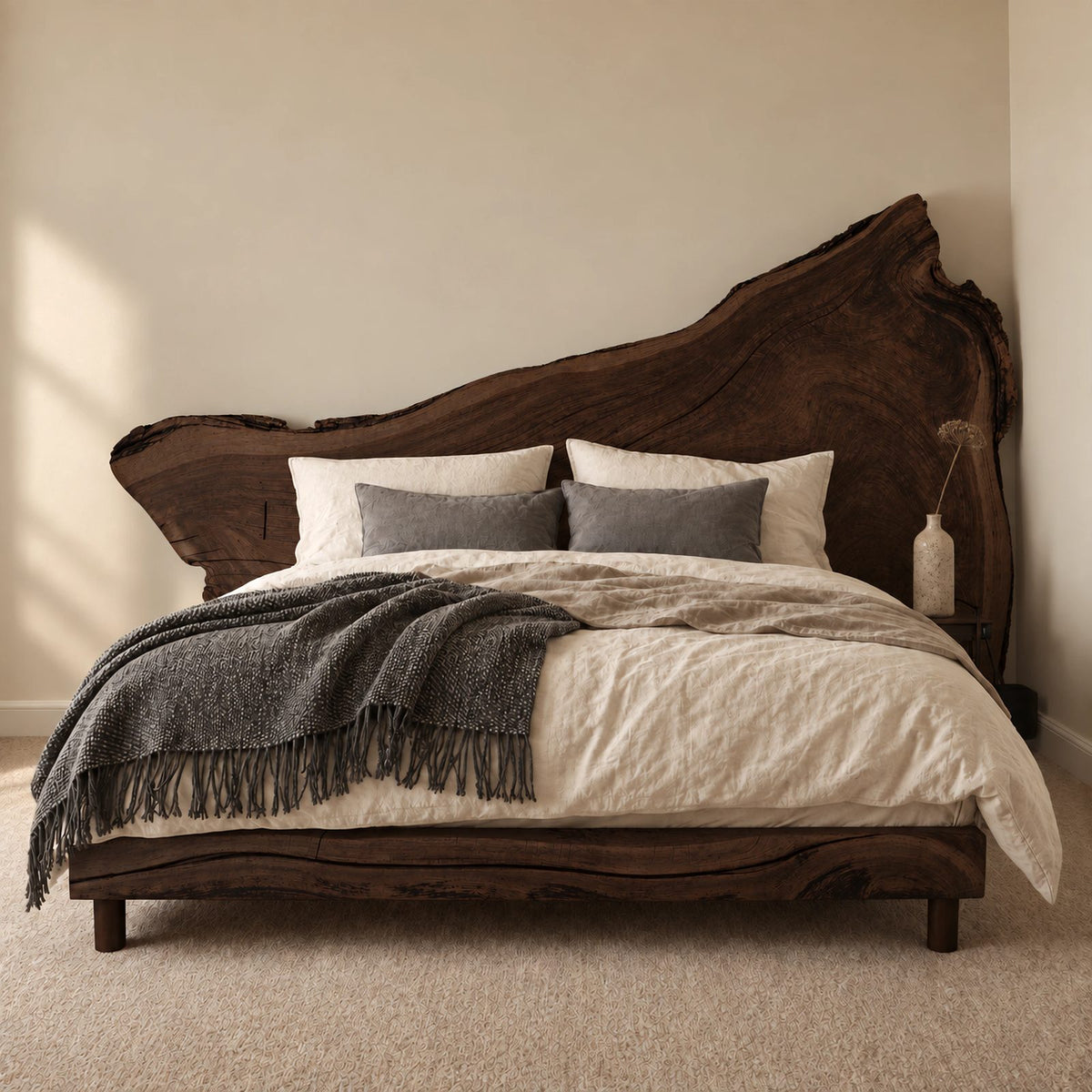 Statement Live Edge Slab Bed Frame With Asymmetric Headboard For Bedroom