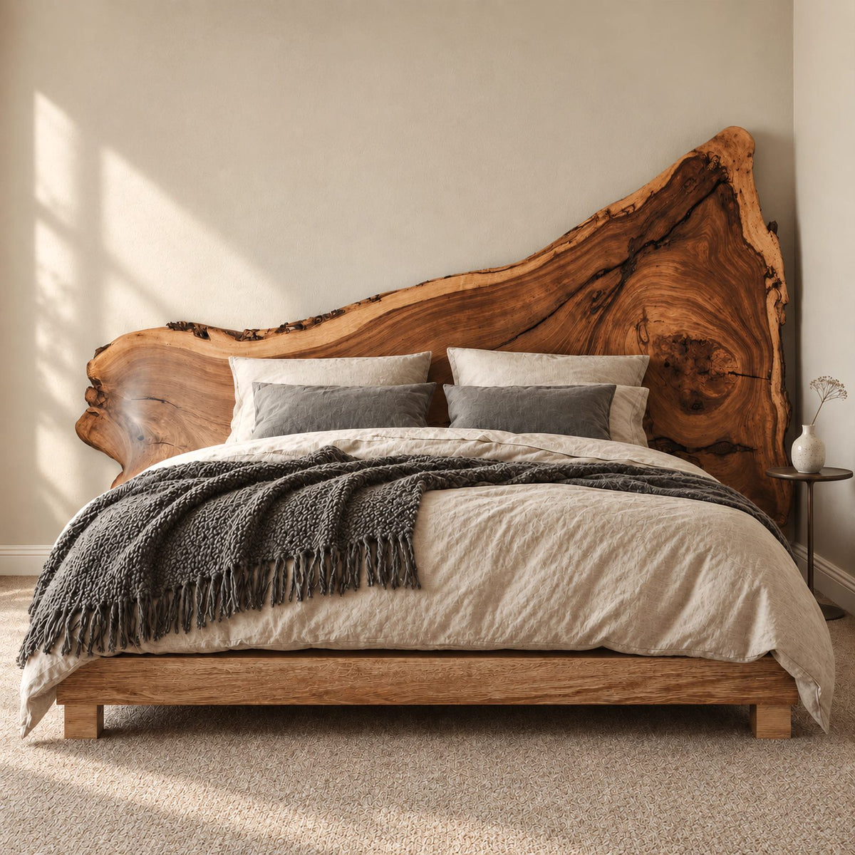 Natural Solid Wood Bed Frame With Tall Live Edge Slab Headboard For Bedroom