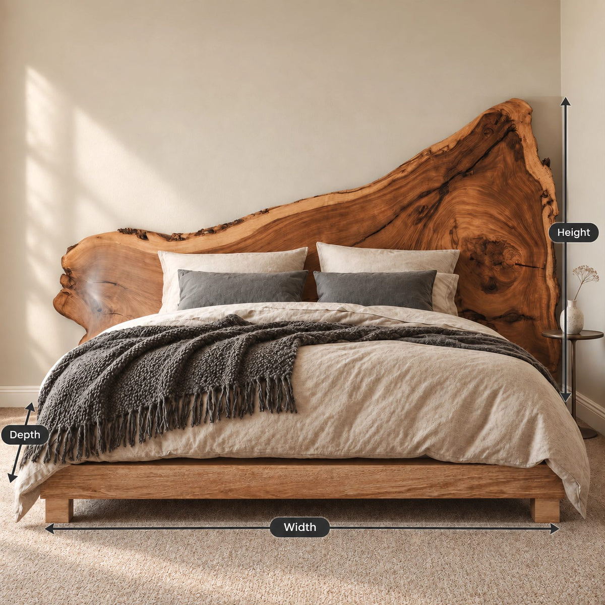 Natural Solid Wood Bed Frame With Tall Live Edge Slab Headboard For Bedroom