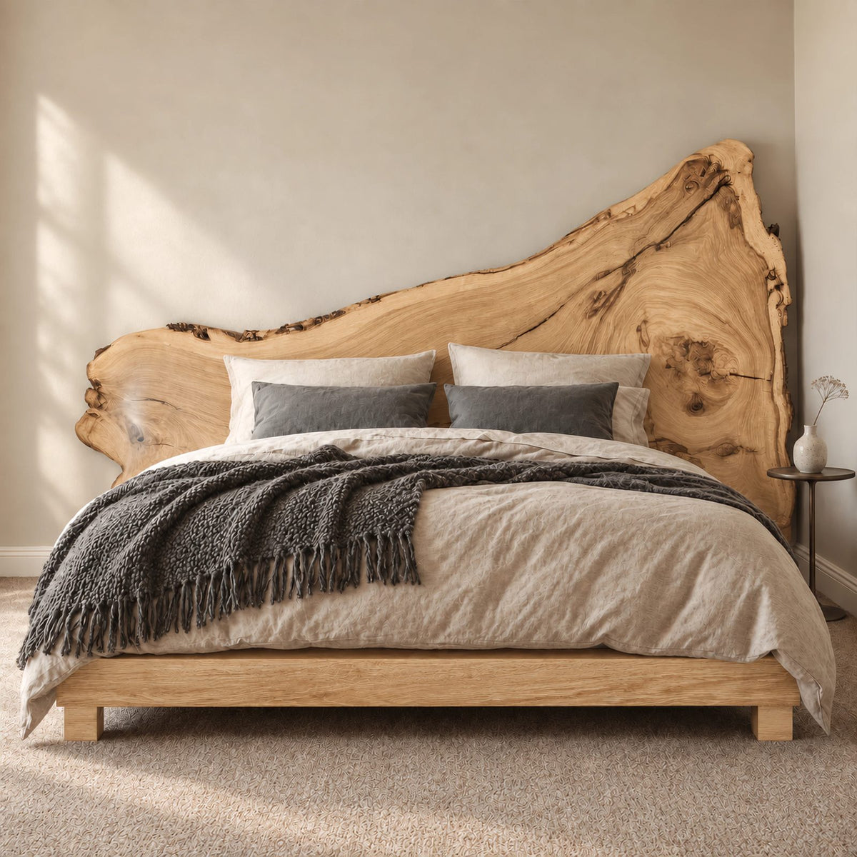 Natural Solid Wood Bed Frame With Tall Live Edge Slab Headboard For Bedroom