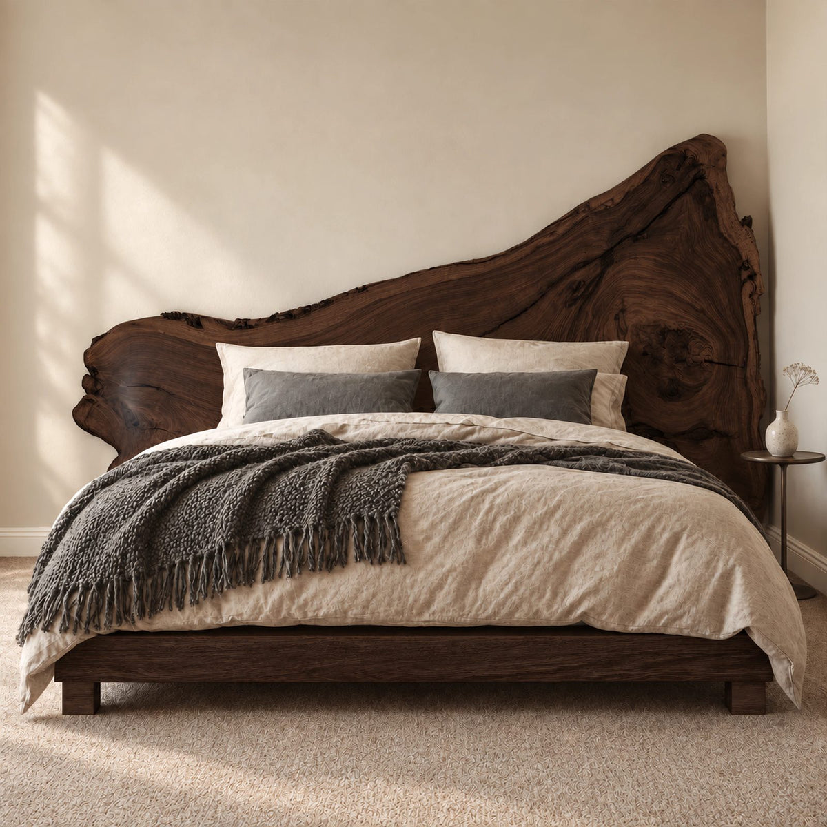 Natural Solid Wood Bed Frame With Tall Live Edge Slab Headboard For Bedroom