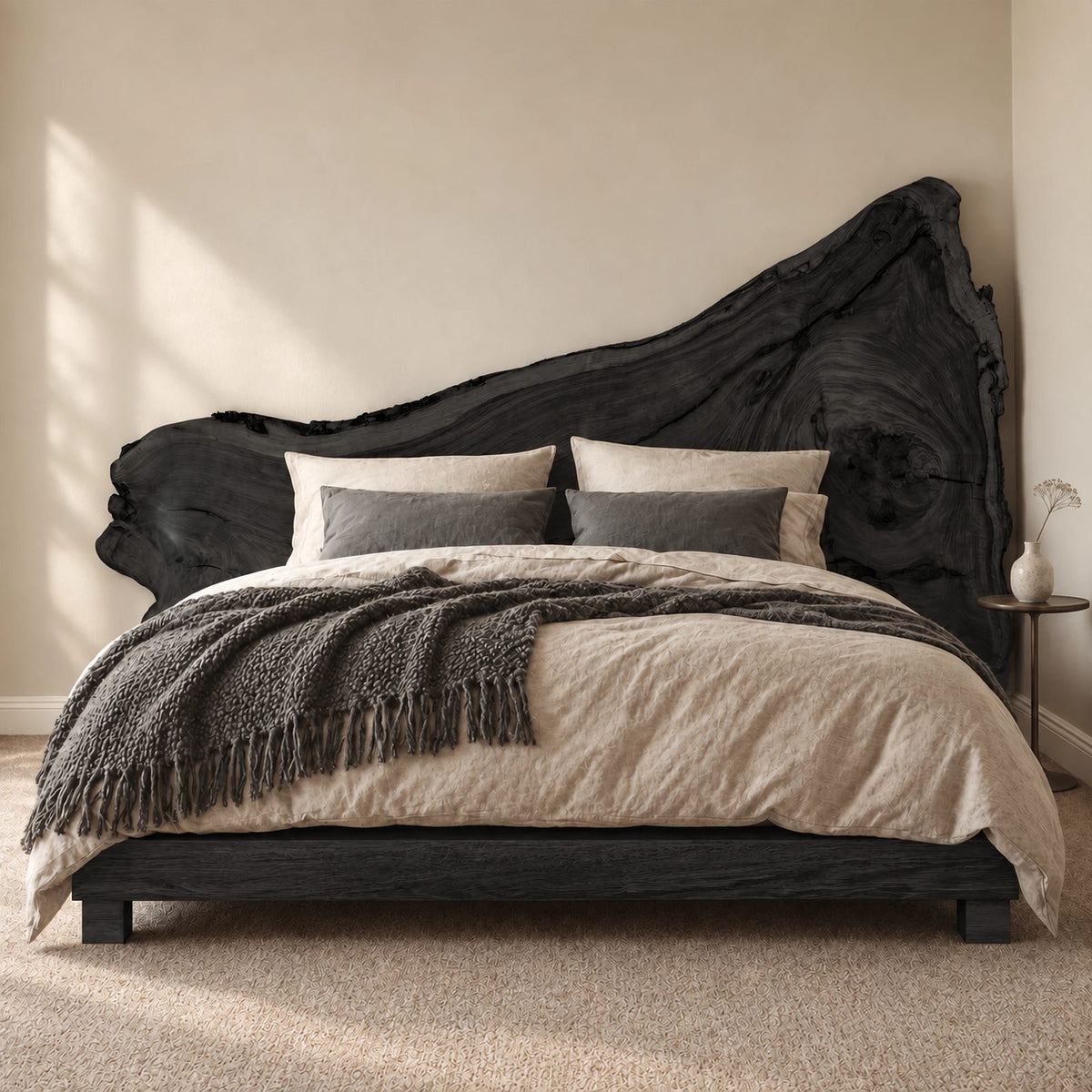 Natural Solid Wood Bed Frame With Tall Live Edge Slab Headboard For Bedroom