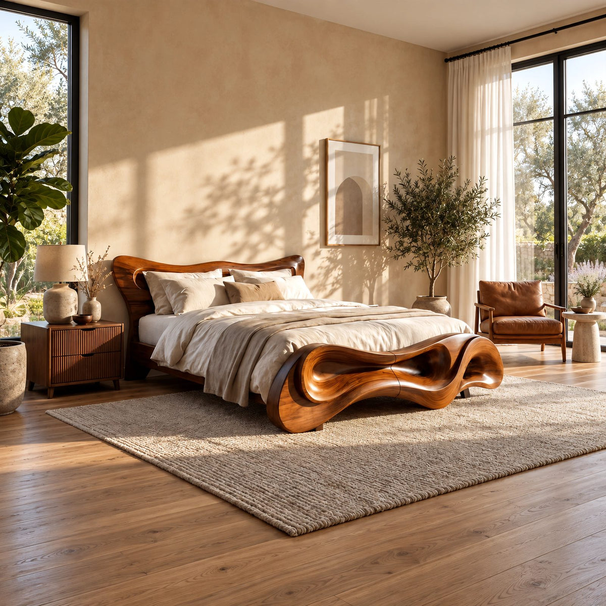 Sculptural Wave Bed Frame With Carved Rolling Footboard For Bedroom