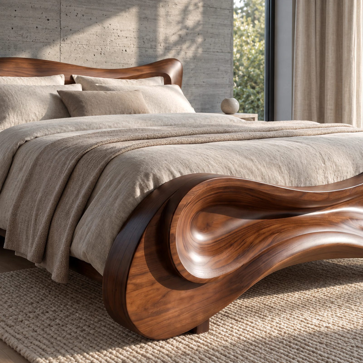 Sculptural Wave Bed Frame With Carved Rolling Footboard For Bedroom
