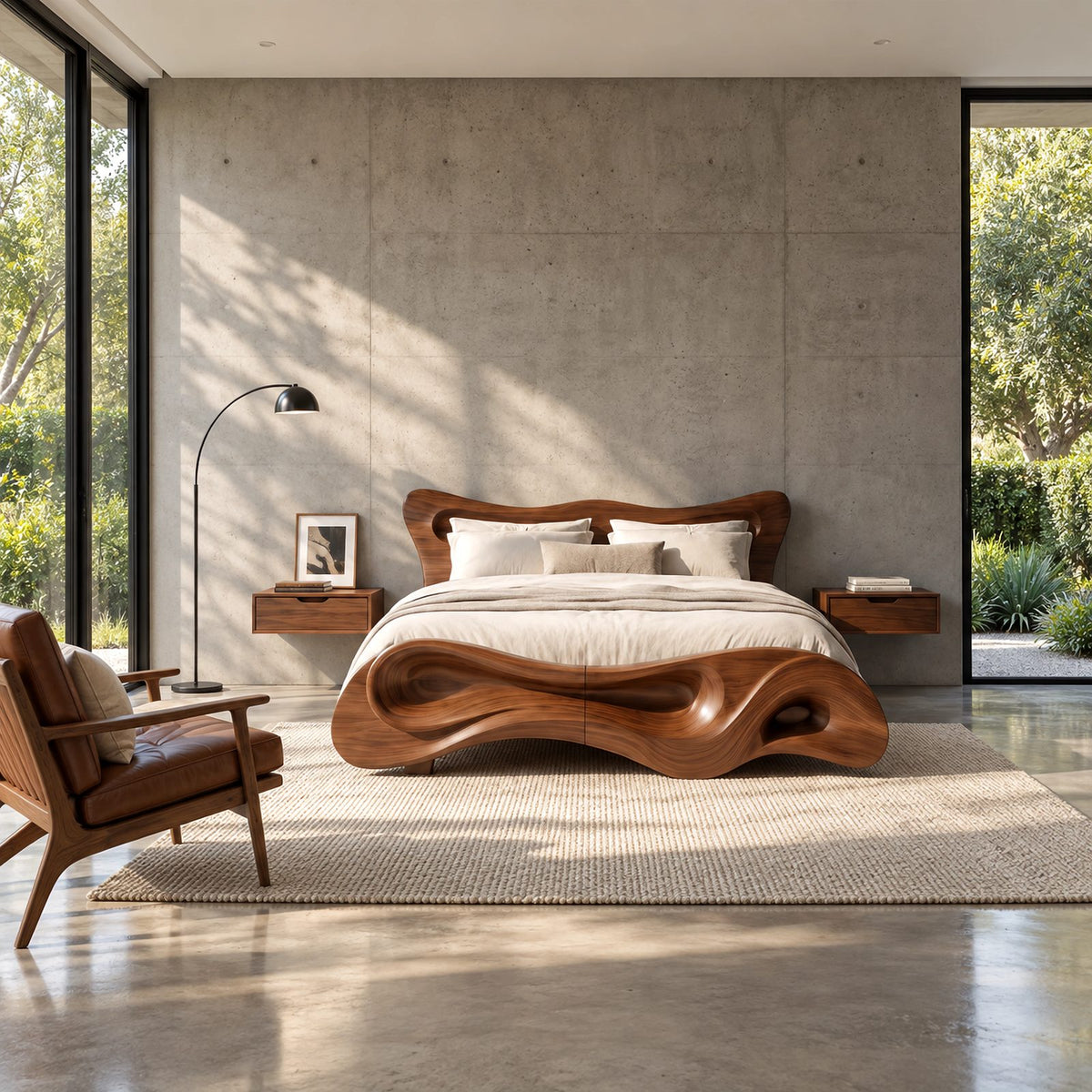 Sculptural Wave Bed Frame With Carved Rolling Footboard For Bedroom