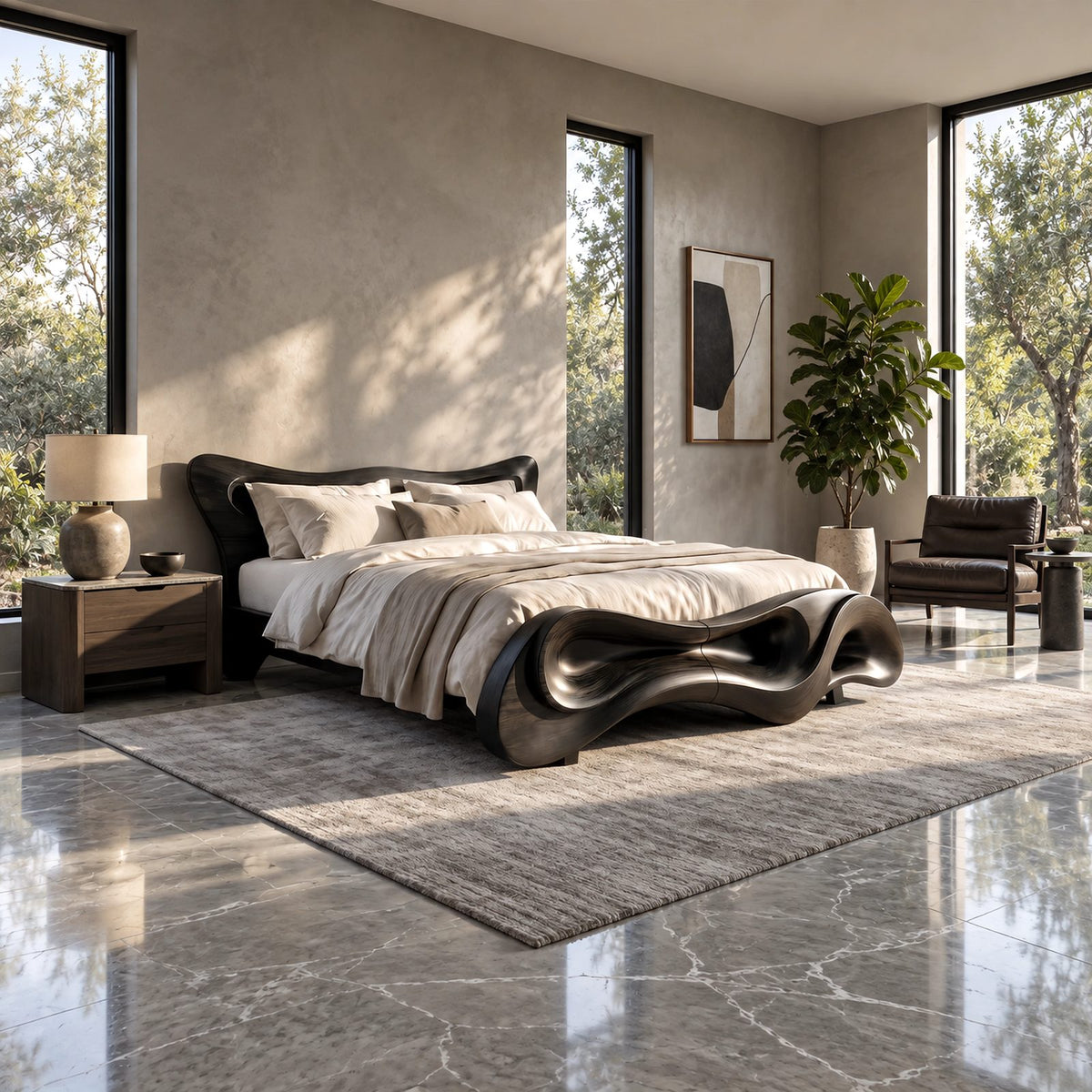 Sculptural Wave Bed Frame With Carved Rolling Footboard For Bedroom