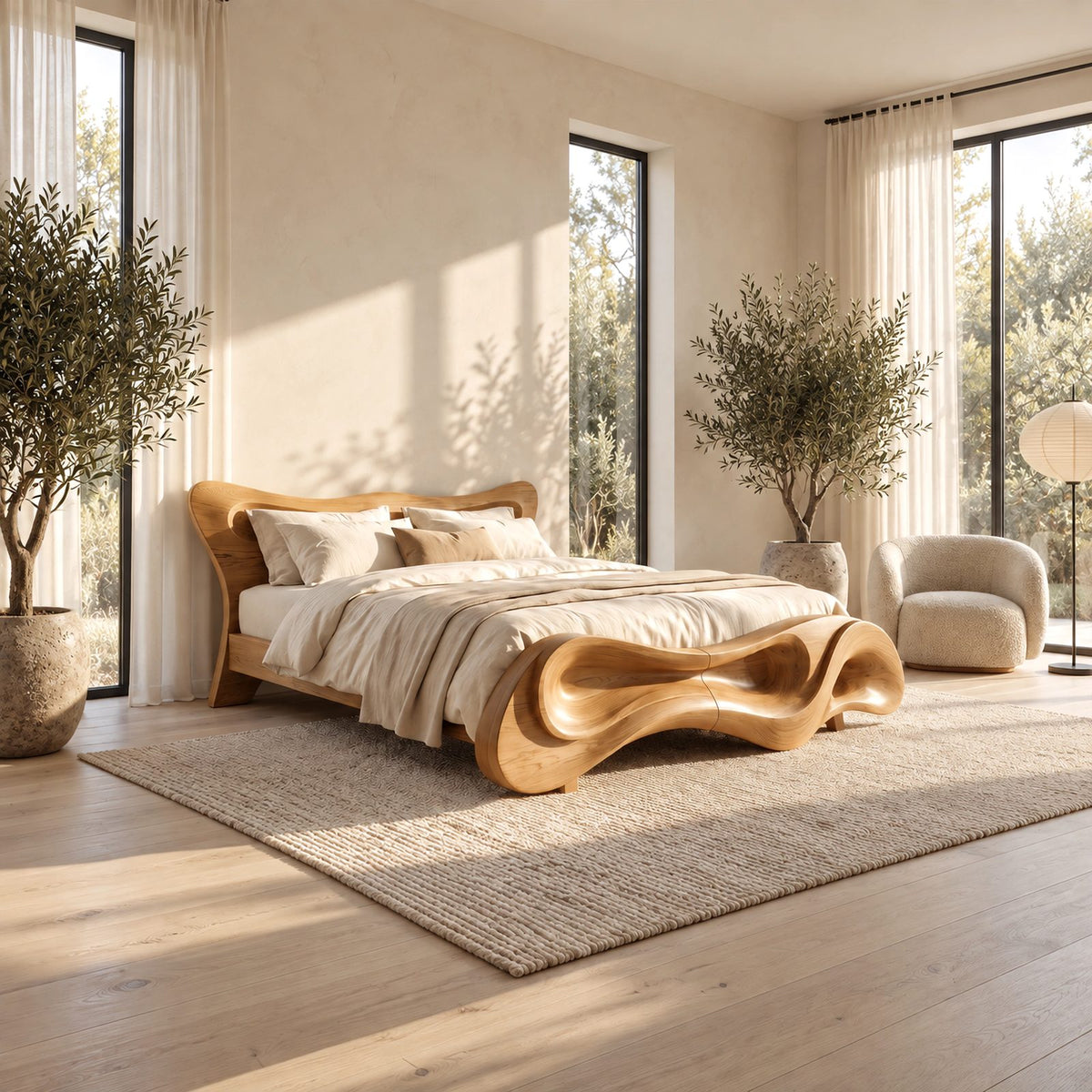 Sculptural Wave Bed Frame With Carved Rolling Footboard For Bedroom