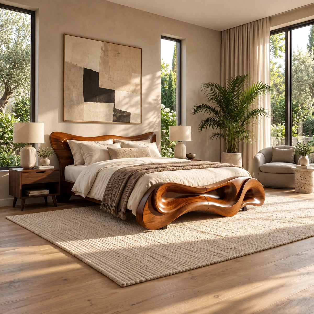Sculptural Wave Bed Frame With Carved Rolling Footboard For Bedroom
