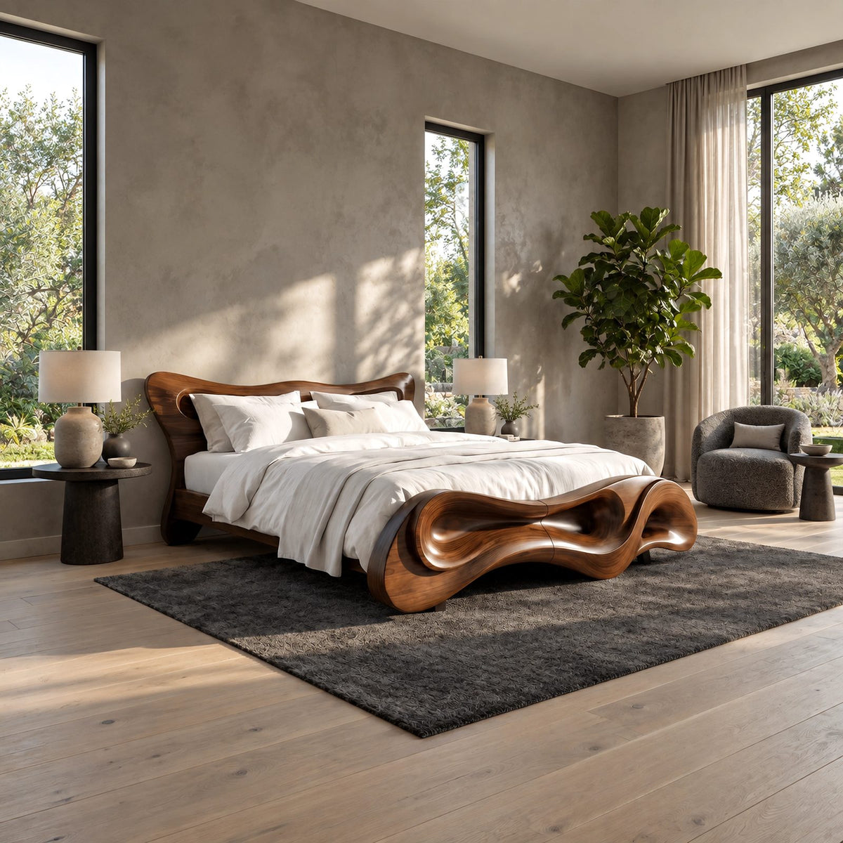 Sculptural Wave Bed Frame With Carved Rolling Footboard For Bedroom