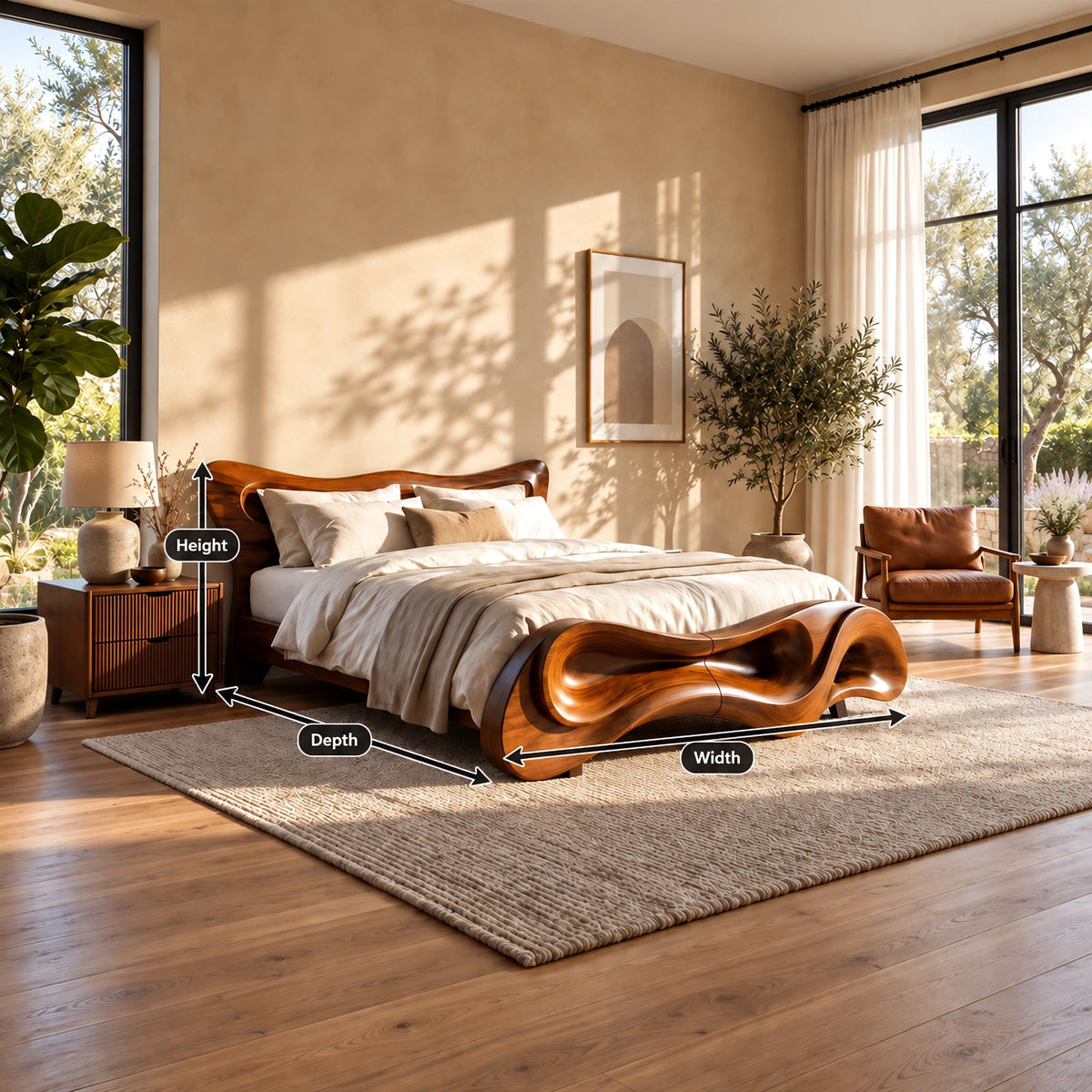 Sculptural Wave Bed Frame With Carved Rolling Footboard For Bedroom