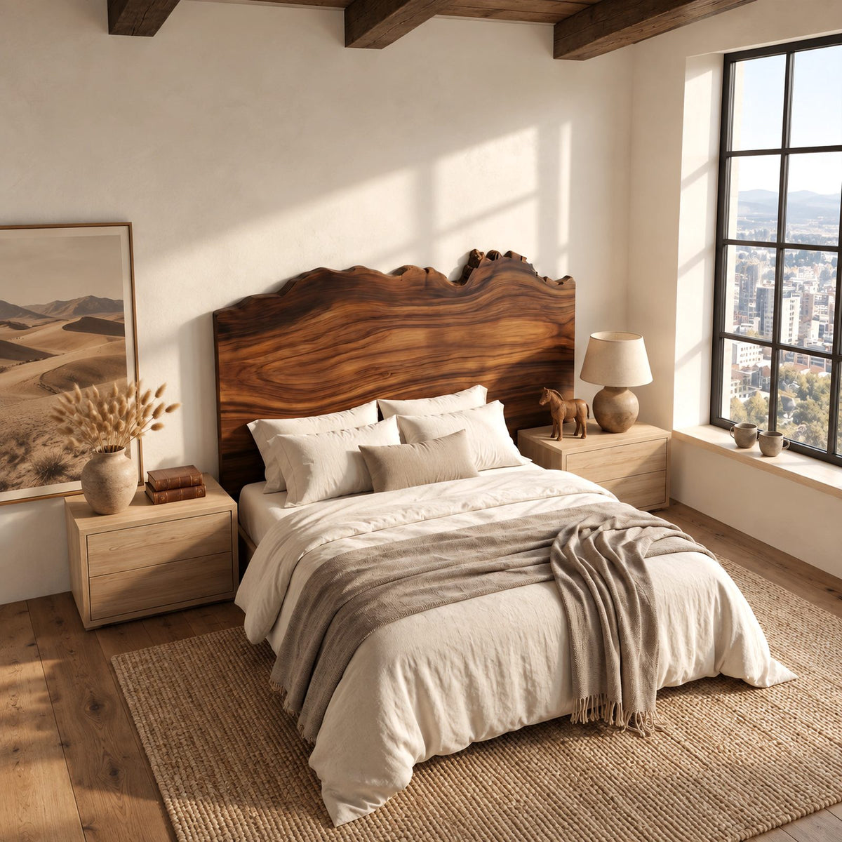 Organic Tall Live Edge Headboard With Rolling Wood Grain For Bedroom
